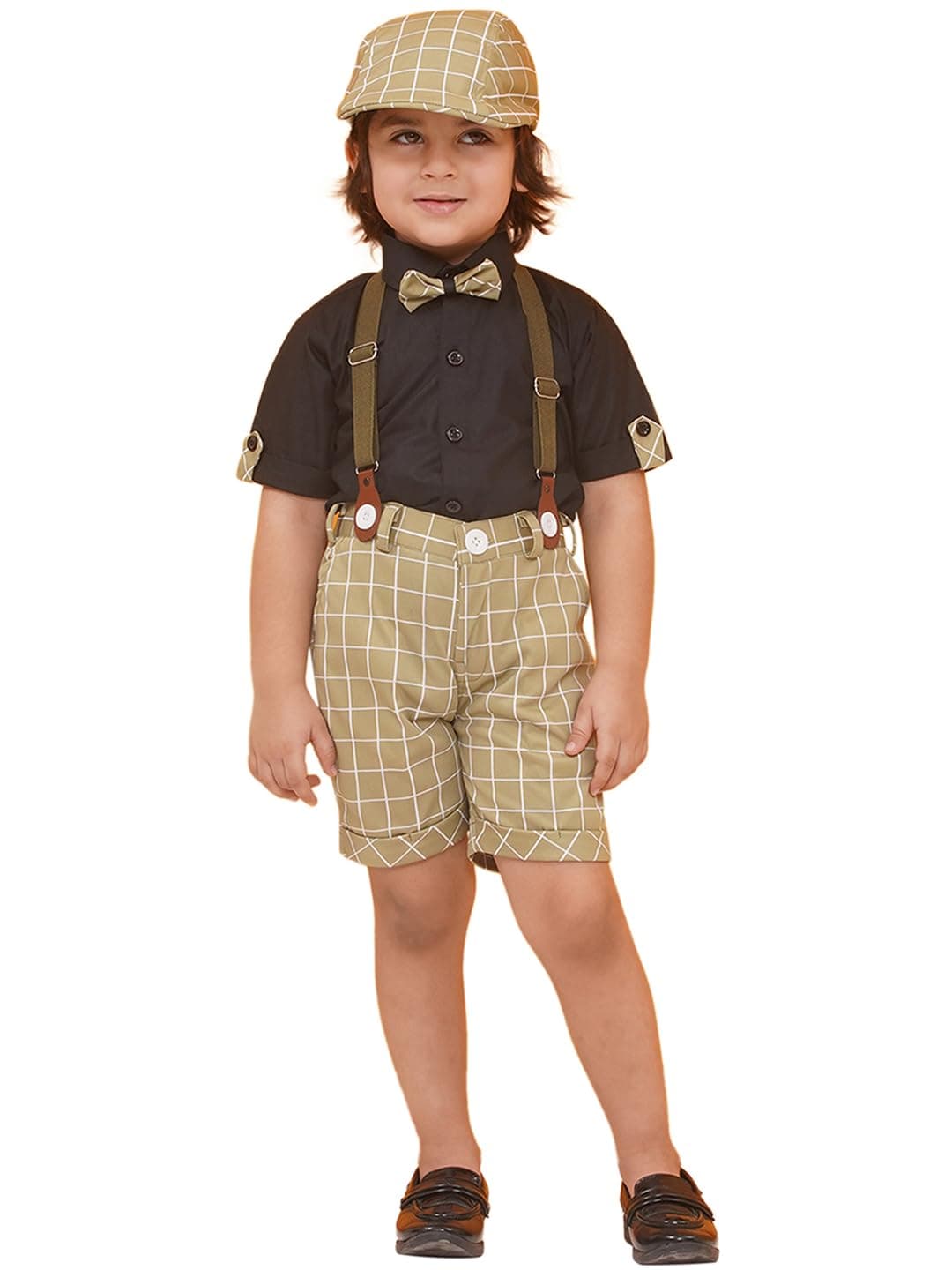 AJ DEZINES Kids Clothing Cotton Blend Checkered Printed Shirt Shorts With Cap and Suspenders Set for Boys