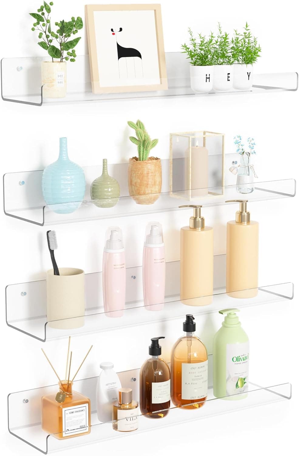 FEELING WELL Acrylic Shelves for Wall Storage, 15" Floating Bookshelves for Kids, Display Shelf Organizer for Bathroom, Bedroom, Living Room, Kitchen, Room Decor, Clear (2)