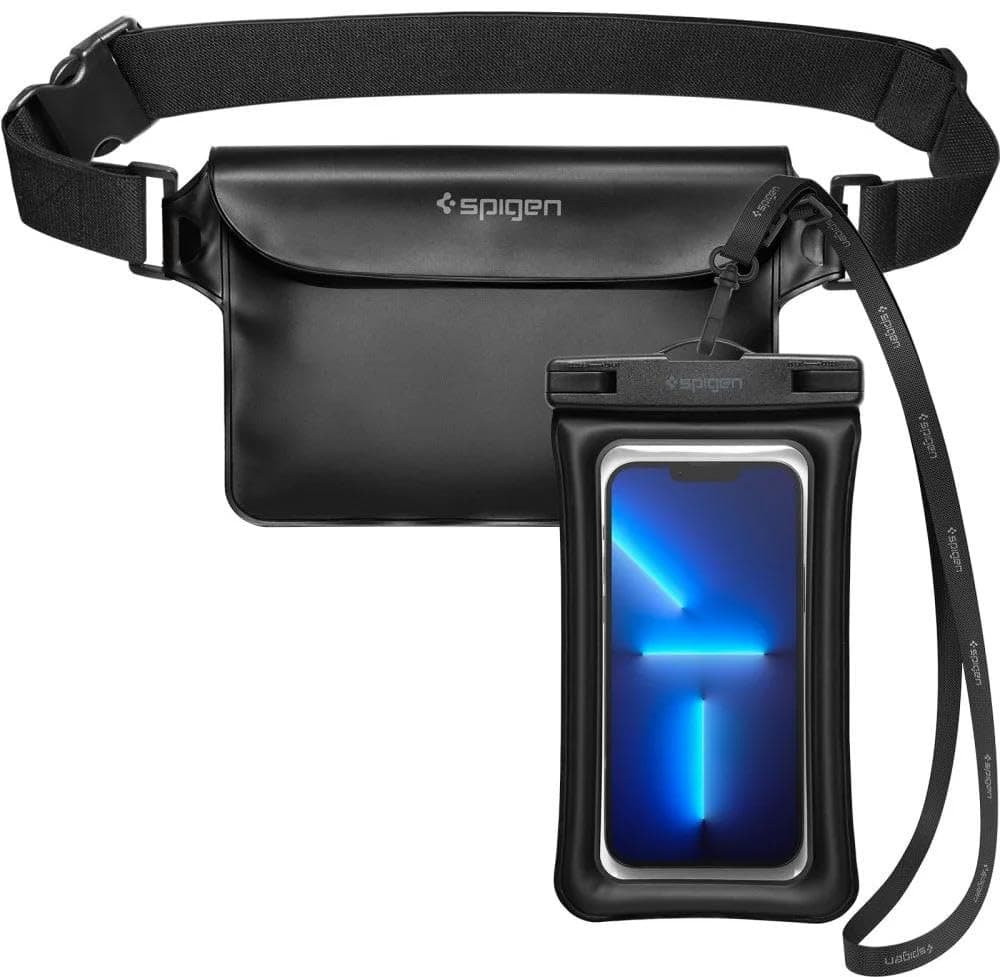 Spigen Polyvinyl Chloride Aqua Shield IPX8 Waterproof Pouch Bag and 8.7 inches Mobile Phone Pouch Case Compatible For iPhone Samsung Galaxy OnePlus Xiaomi Google and up to 8.7 inches - Black