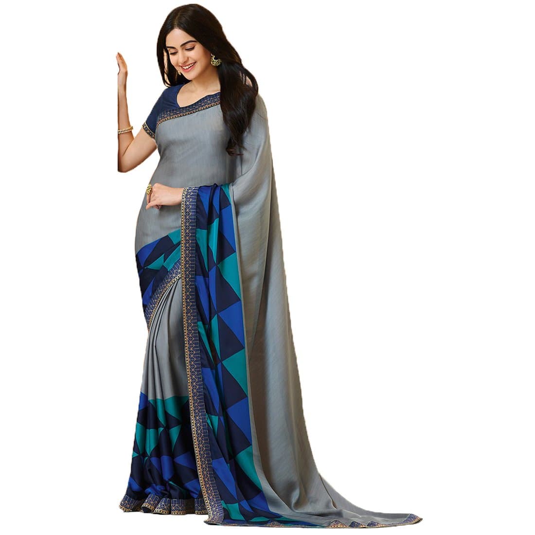 RAJESHWAR FASHION WITH RF Women's Geometric Printed Georgette/Silk Fancy Sarees For Festive With Jacquard Lace Border & Blouse Piece(Multicolored)