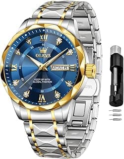 OLEVS Men's Business Watch Gold Blue with Large Easy-Read Analog Quartz Date Display Luxury Stainless Steel Band Waterproof Luminous Hands