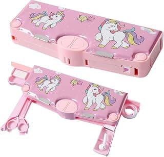 YBN Jumbo Size Plastic Unicorn Theme Multi-Functional, School Pencil Modern Geometry Box with Accessories | Gifts for Kids (Plastic, Pink)
