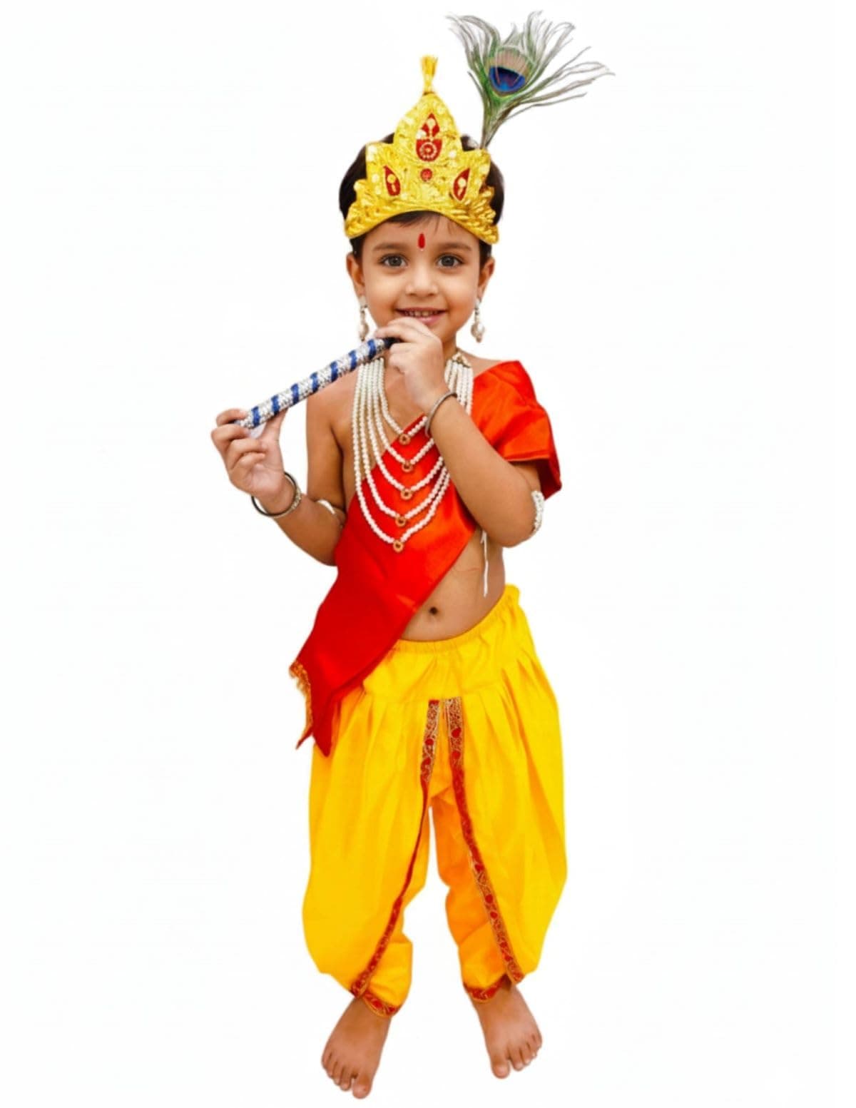 BookMyCostume Krishna Yellow Costume Dhoti & Red Patka with Light Pearl Jewellery and Mukut Set - Janmashtami Dress Costume for Baby Kanha Laddu Gopal - Boys & Girls 6-7 Years