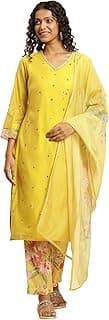 W for Woman Yellow Metallic Embroidered Kurta, Pants And Organza Dupatta