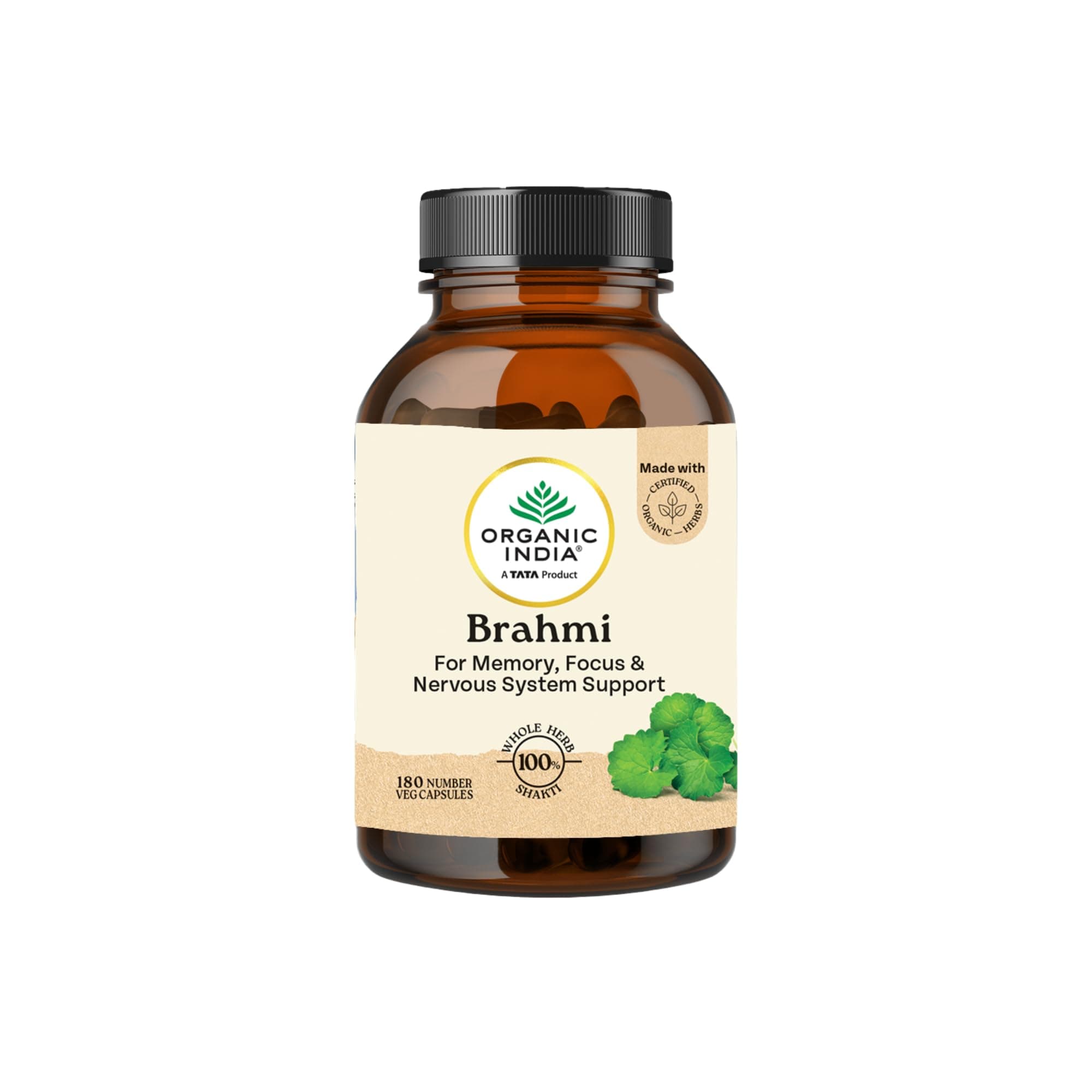 A TATA Product - Organic India Brahmi - 180 Veg Capsules, Naturally Promotes Concentration & Memory, Mental Fitness, Reduces Stress & Anxiety, GMP & NPOP Certified Organic
