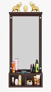 Engineered Wood Wall Mounted Dressing Table with Mirror and Storage Shelves, Wenge Brown Finish, Engineered Wood, 82.5x37x14 cm I Rectangular Mirror Bedroom Living Room Stand