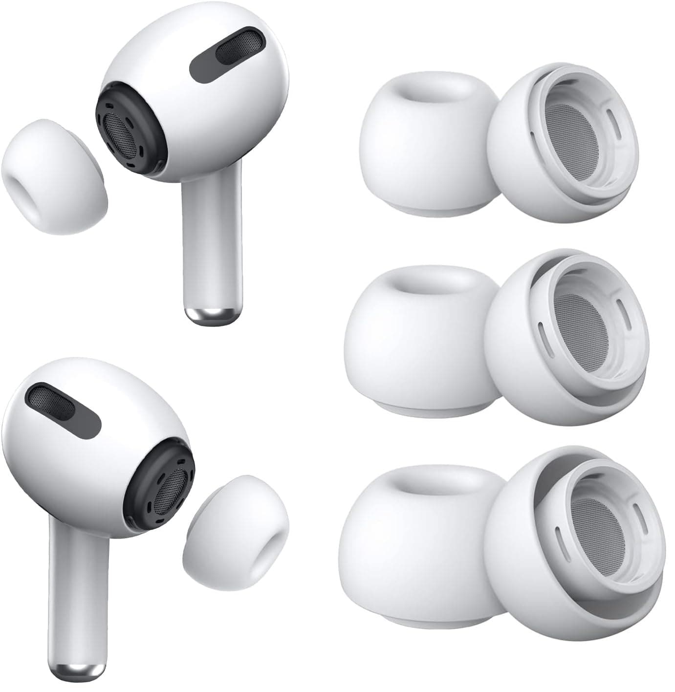 Sounce Silicone Replacement EarPads for Apple AirPods Pro 2 & Airpods Pro, Anti-Slip Eartips, Tighter Seal, Fits in The Charging Case, All 3 Sizes inclued (Small+Medium+Large) (3 Sets, 6Pc) - White