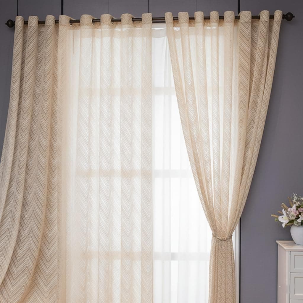 VJK FAB Net Curtains Semi Transparent Door Curtain/Zizag Pattern Sheer Curtain 7 Feet Long Set of 2 Pcs, Window, Long Door, Living Room Parde, Cream Color