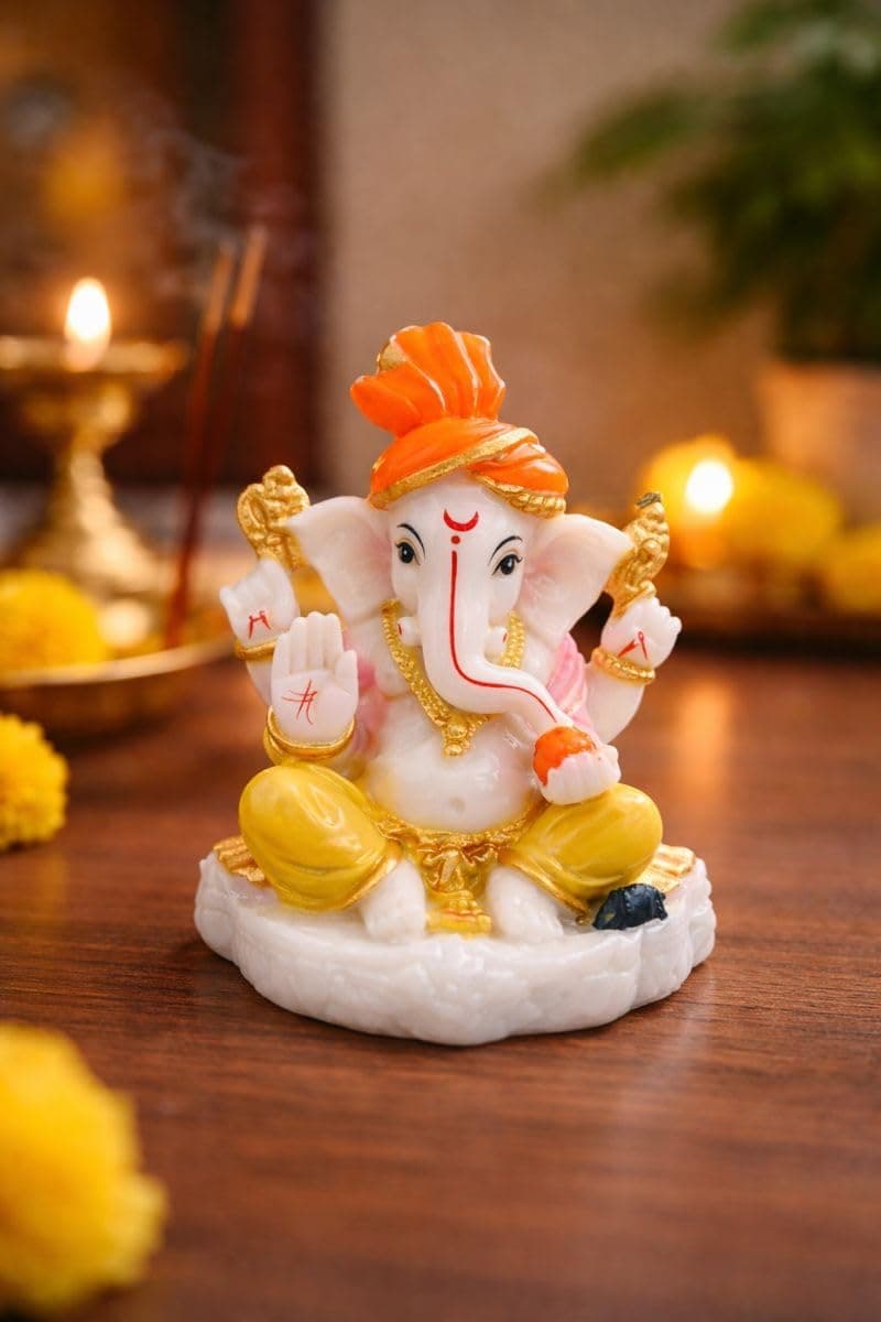 Emagnet Traditional Hand Painted Lord Ganesha Idol in Marble Dust – Premium Multicolour Idol | Small Ganpati Murti for Car Dashboard, Desk, Pooja & Decor (Multicolour in Orange pagdi)