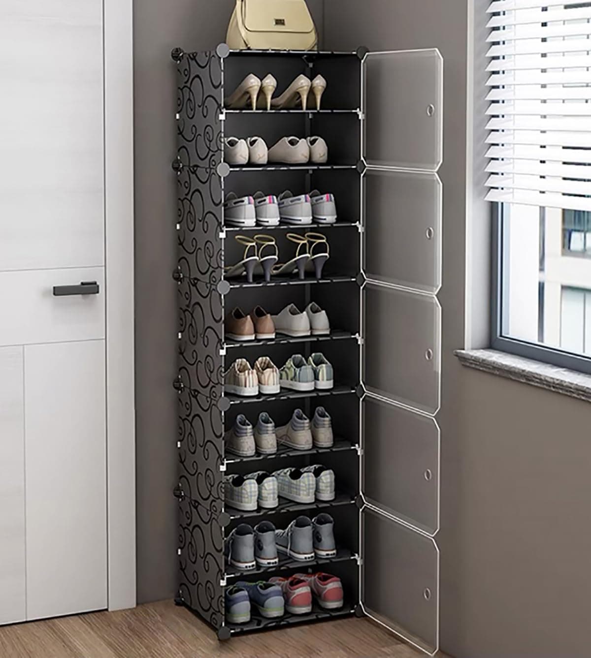 AYSIS 𝟏𝟎 𝐓𝐢𝐞𝐫 Shoe Rack for Home with Transparent Doors, Modular Dustproof Shoe Storage Cabinet, Foldable Plastic Space Saving Shoe Stand Organizer for Entryway, Bedroom & Living Room - Black