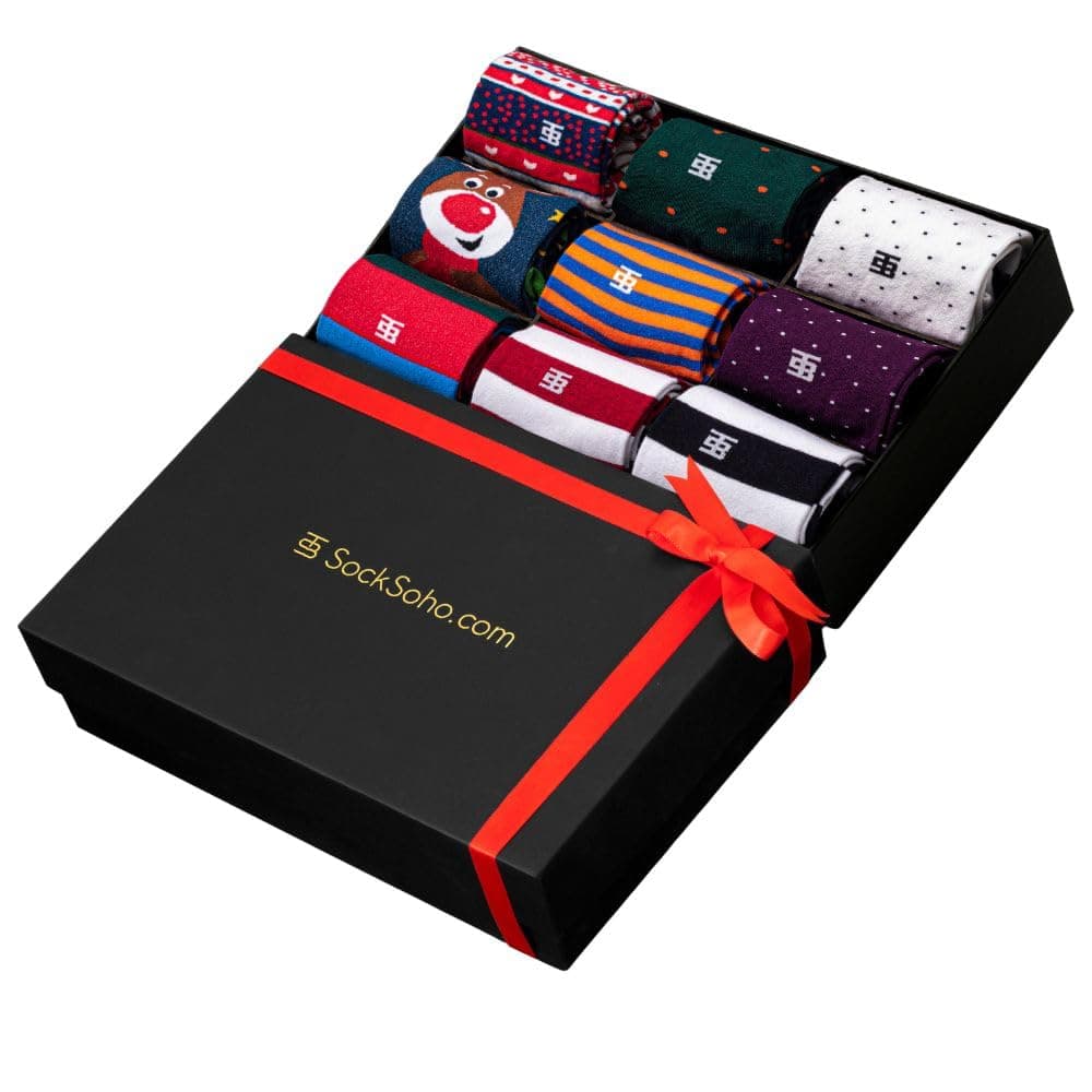 SockSoho Premium Christmas Socks For Men Pack of 9 - (Crew Length | Scottish Lisle Cotton | Free Size (UK 7-12)) | Splendor Gift Edition, Assorted