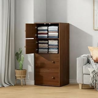 EXVITO Engineered Wood Wardrobe for Bedroom | Foldable 4 - Shelf Wooden Storage Cabinet | Cupboard Almirah for Clothes | Collapsible Wardrobe | Space Saving Wooden Cabinet - WALLNUT