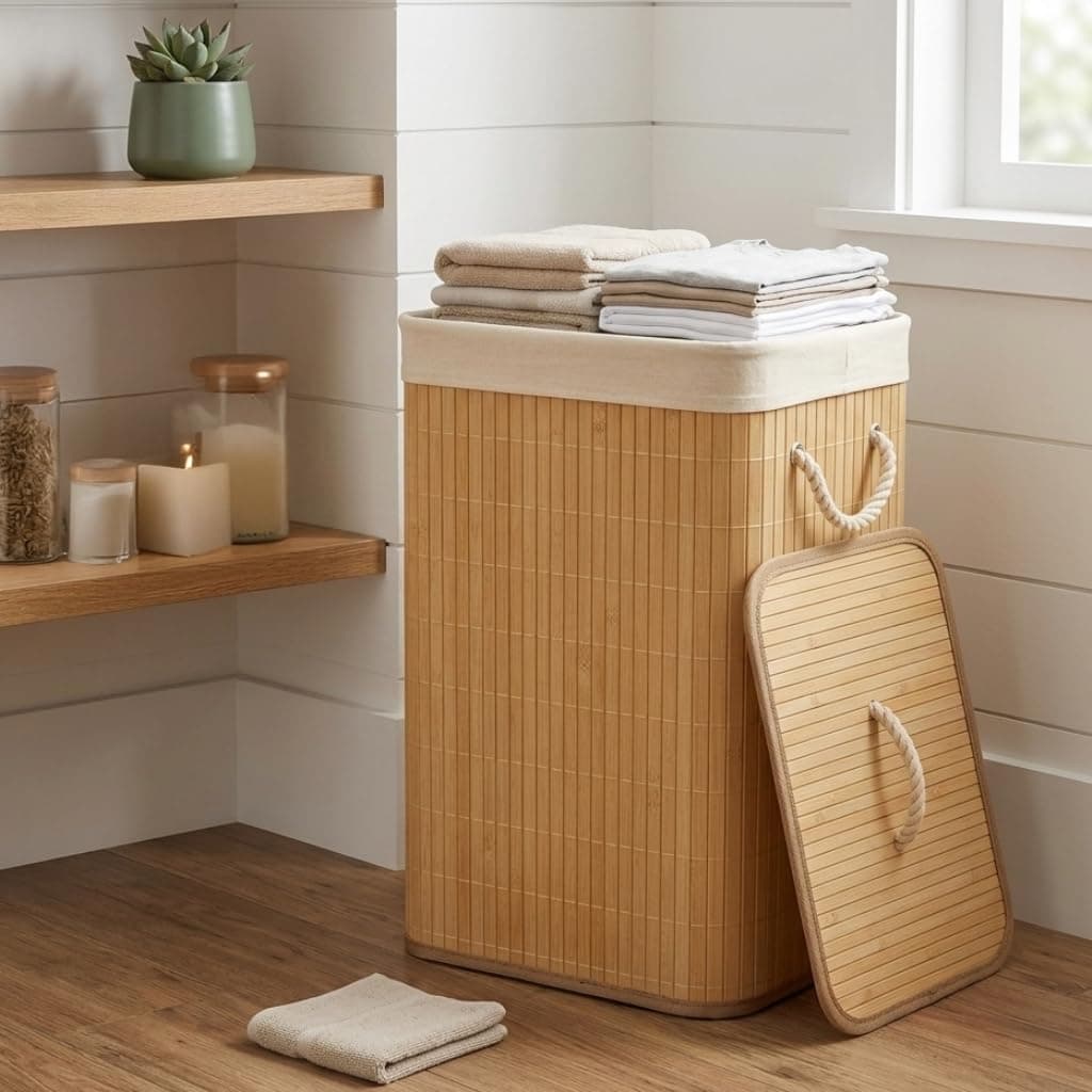 PrettyKrafts 81 Liter Eco-Friendly Foldable Bamboo Laundry Basket for Clothes with Lid | Laundry Bag for Clothes | Clothes Basket for Clothes Storage | Toy Storage Basket | 40x30x60cm | Light Brown