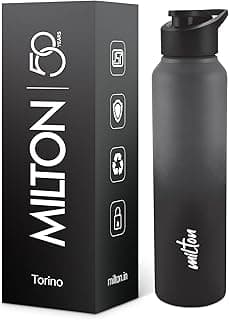 MILTON Torino 1000 Stainless Steel Water Bottle, Leakproof Lid, Single Walled, ISI Certified I For School, Office, Gym I 980 ml, Grey & Black