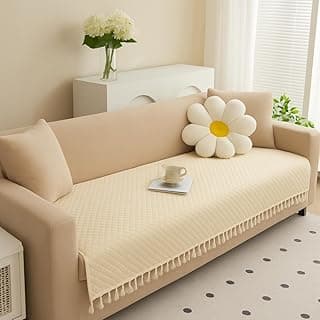 Roseate Quilted Velvet Sofa Cover (3 Seater/ 70"x27") Sofa Protector for Living Room/Bedroom interiors (Beige) with Tassels