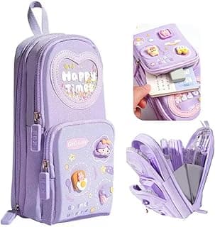 HR INTERNATIONAL Premium Pencil Pouch 6 Layer with 3 Compartment Cute Aesthetic Pencil Case for Girls Large Capacity Pencil Pouch for School Kids Cute Stationary Gift (Happy-Purple)