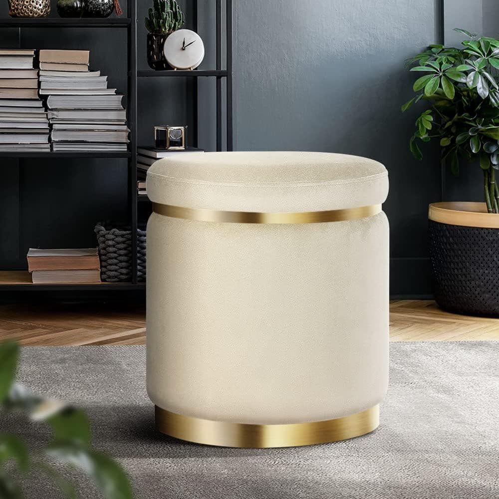 ETIQUETTE ART Upholstered Velvet Round Dual Strip Ottoman Office Stool Foot Rest Stool Linen Fabric Padded Seat Pouf Ottoman with Round Shape for Living Room (Cream)