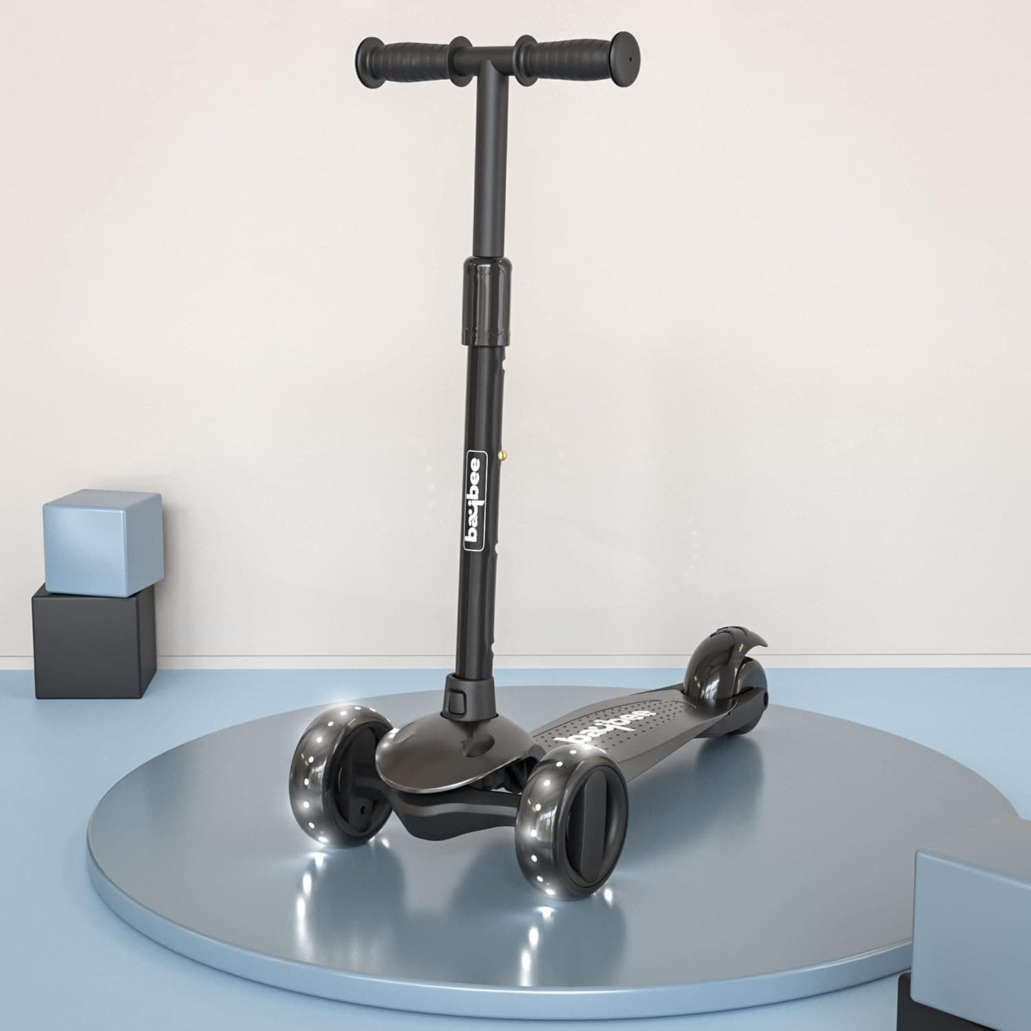 Baybee Alpha Kick Scooter for Kids, Smart 3 Wheel Kids Scooter with 4 Height Adjustable Handle, Runner Scooters with Led PU Wheels & Brake, Skate Scooters for Kid 3 to 10 Years Boys Girls (Black)
