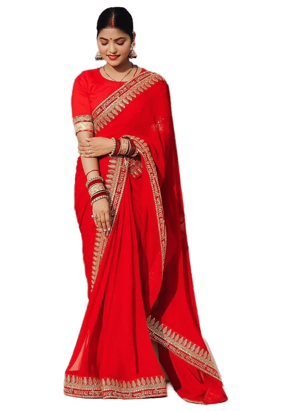 Sidhidata Textile Women's Lace Bordered Georgette Saree With Unstitched Blouse Piece (karwa Chauth_Red_Free Size)