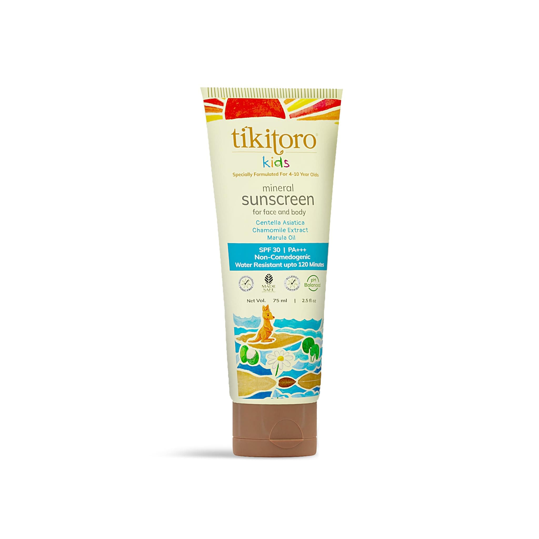 Tikitoro Kids Mineral Sunscreen SPF 30 PA+++ | Broad Spectrum UVA/UVB | Water Resistant 120mins | Dermatologist Approved | Prevents Tanning | Benzophenone-3 &Avobenzone Free (75 ml)