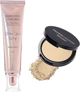 FACES CANADA Stay Flawless Combo | Rose Gold Strobe Cream (30 ml) & Weightless Stay Matte Finish Compact Powder - Natural (9 gm) | Highlighter Glow | Flawless Finish | Hides Imperfections