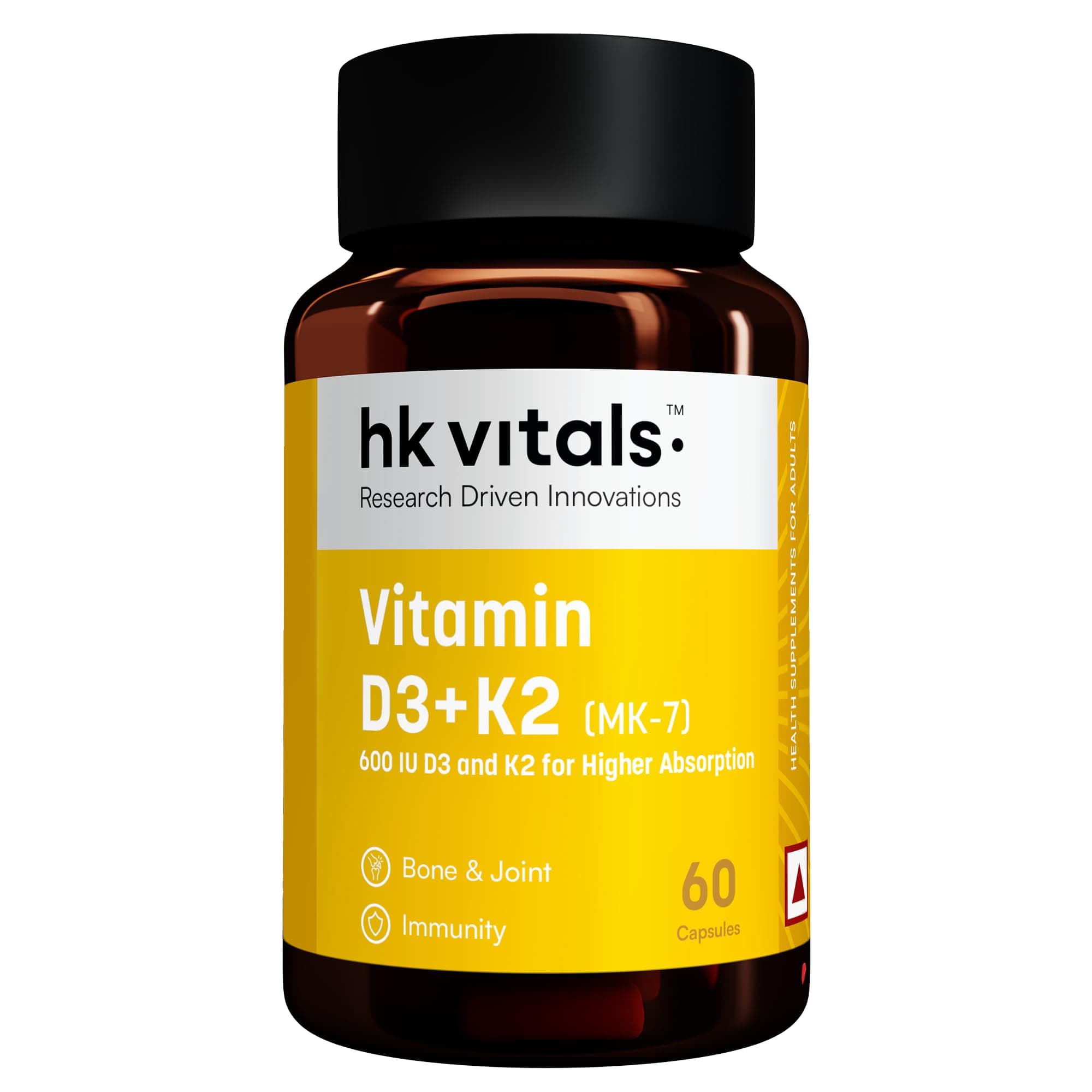 hk vitals Vitamin D3 + K2 (MK-7), 60 Capsules | 600 IU for Higher Absorption| Bone & Joints | Immunity