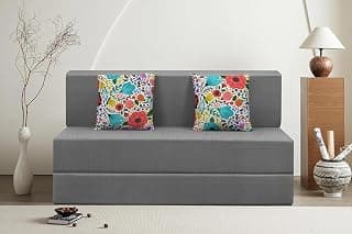 Rosebell Foldable 2 Seater Sofa Cum Bed, Sofa Bed 4X6 Feet, Jute Fabric- Washable Cover- Including Two Cushion Perfect for Home & Office-Grey Color