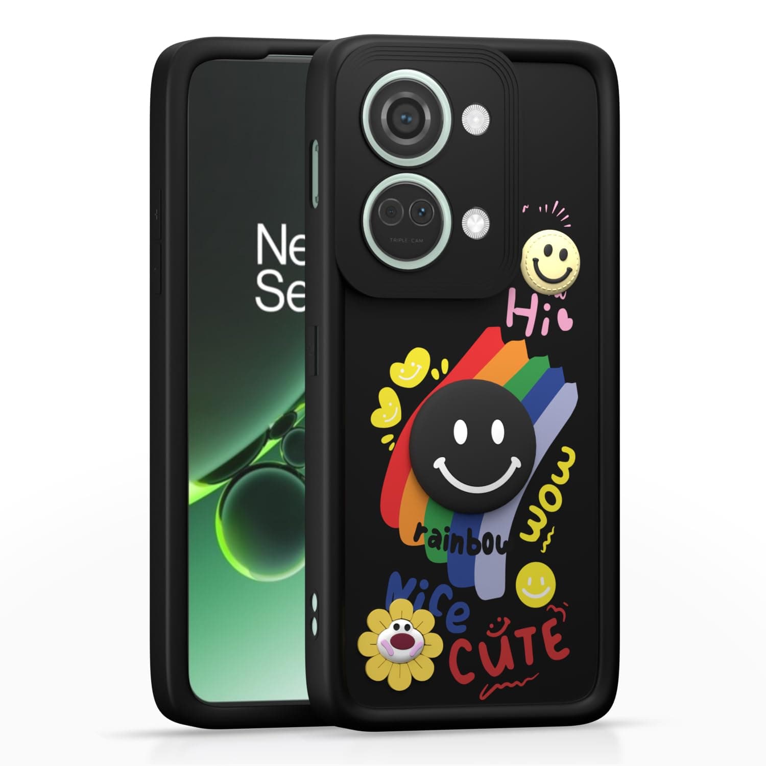 Amazon Basics Back Cover for OnePlus Nord 3 5G | Cute 3D Cartoon Rainbow Smile Flower | Raised Camera Protection | Shockproof Soft Silicone Bumper Case (Black)