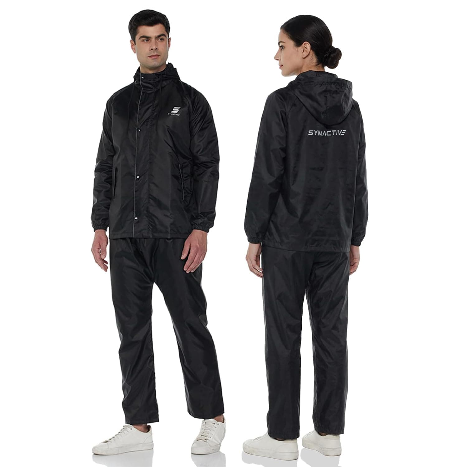 Amazon Brand - Symactive Raincoat with Jacket, Pants, Hood and Carry Bag | Polyester Shell with Heat Sealed PVC Lining | Inner Mobile Pocket | Plastic Peak Hood | Unisex, Black, S
