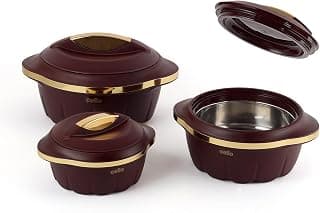 CELLO Stylus Insulated Casserole Hot Pot Box Set of 3 Pcs, Brown (500ml, 1000ml, 1500ml) | Airtight Lid Hot Pot Case Keeps Food Hot & Warm For Long Hours, Casserole Set For Roti Chapati Rice Biryani