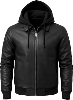 Blaq Ash Men's Black Faux Leather Biker Jacket with Removable Hood, Full-Zip Closure