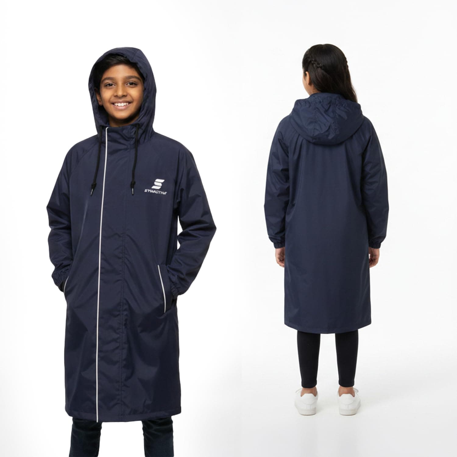 Amazon Brand - Symactive Raincoat for Kids | Waterproof Polyester with PVC Coating | Seam Sealed Long Coat for Boys and Girls | High Neck Hood | Reflective Branding | Navy Blue, 11 to 13 Years