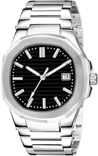 TERIZLA Luxury Stainless Steel Watch, Black Dial with Date Display, Silver Metal Band