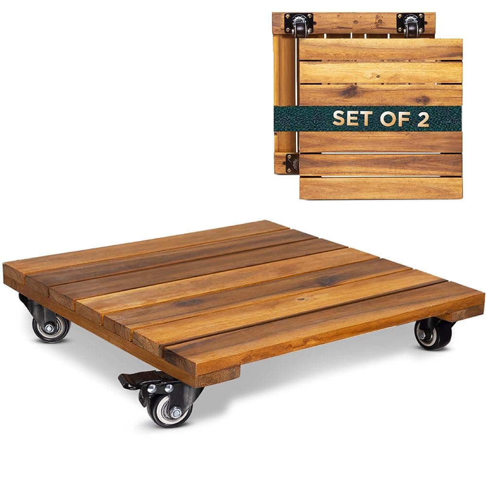 Idzo 2-Pack 14 Inch Wood Plant Caddy with Wheels Heavy Duty, 264 lbs Acacia Hardwood Plant Caster Dolly Rolling Stand with 360° Lockable Wheels for Heavy Plant Pots and Outdoor Use