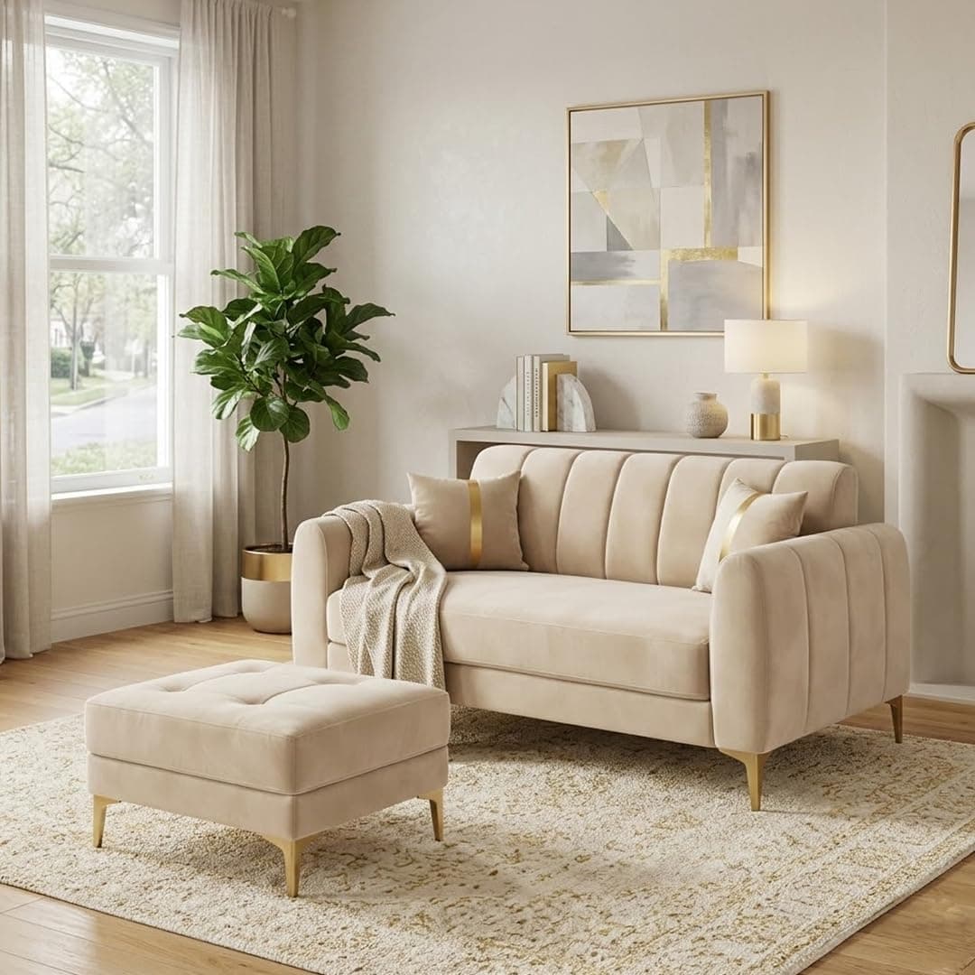 CASARIO Hermione Luxe Velvet-Suede Fabric 2 Seater Sofa Set with Ottoman | Golden Legs | Comfortable Seating | Modern Sofa for Living Room – Cream