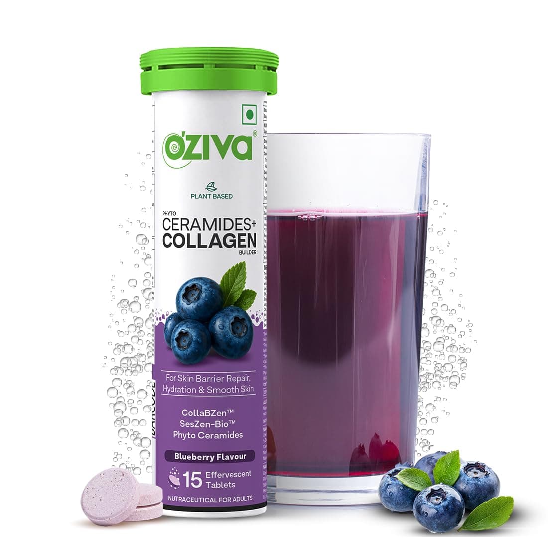OZiva Phyto Ceramides+ Collagen Builder | For Mositure Retention, Barrier Repair & Hydration Boost | With Suran Extracts, CollabZen & SesZen-Bio | Blueberry Flavour | 15 Effervescent Tablets