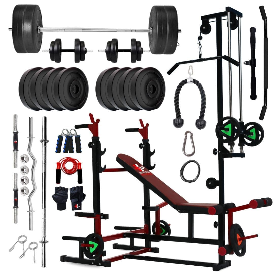 MUSCAZO FITNESS: 20 in 1 Home Gym Bench Pro with 100KG PVC Coated Plates Combo Kit, Curl Rod, Straight Bar, Dumbbells, Plates, Skipping Rope, Gripper & Gloves, Full Body Workout Set