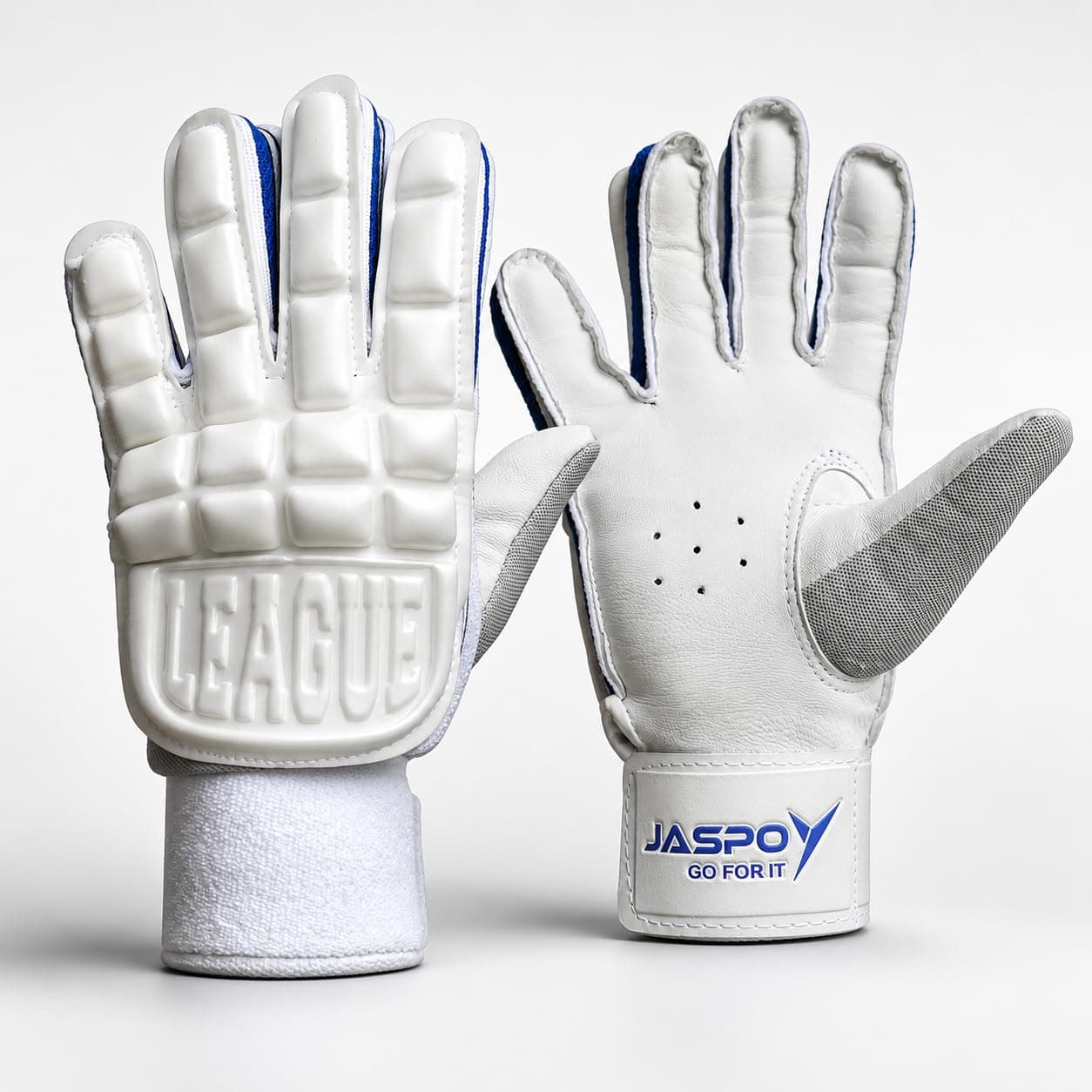Jaspo League Cricket Batting Gloves-for Beginner Players:Leather Palm|Nylon Stitch|Air Vents|Elastic Towel Wrap for Adult/Seniors Color (White Blue)-Recommended for Soft Ball Only, Large