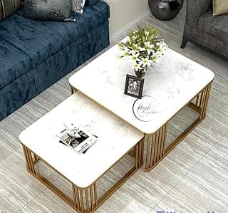 RIZIK STORE™ Iron Base Handmade Square 20"x20" & 18" x 18" Coffee Table/Nesting Table/Side Table/Center Table with Marble MDF White Top for Living Room/Drawing Room/Balcony Gold ((White) (Set of 2))