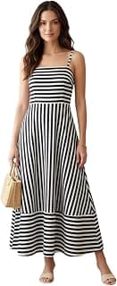 GRECIILOOKS Women`s Dresses | Maxi Dress for Women Stylish | One Piece for Women Long | A-line Long & Sleevless One piece Womans Dresses | Stripe Designed Squar Neak Outfit