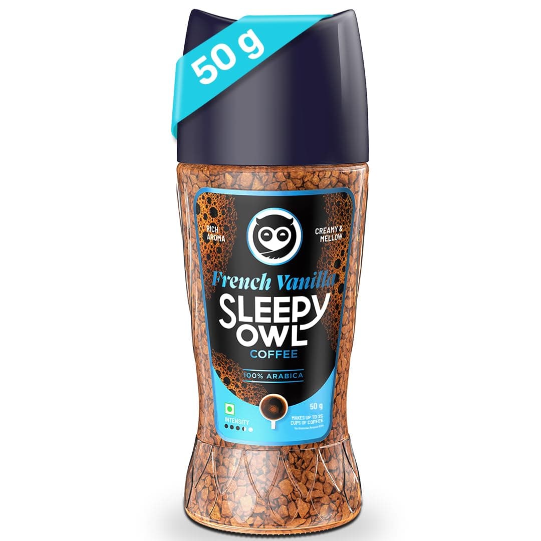 Sleepy Owl French Vanilla Premium Instant Coffee Powder | 100% Arabica Freeze Dried Coffee - 50g | Make Cafe Style Hot or Cold Coffee, Black Coffee, Cappuccino, Latte at Home | Makes 25 Cups