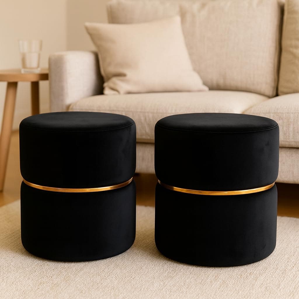 JUMBO CRAFTS Wooden Puffy Stool for Living Room Round Footstool - Ottoman Stool for Living Room Furniture Round Ottoman - Sitting Pouffe Ottoman Stool/Room Dcor/Office Stool - (Set of 2 Black)