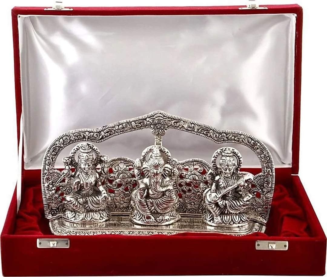 Lavanaya Silver –Silver Plated Laxmi Ganesh Saraswati Idol Statue with Silver Finish-Decorative God Idol with Velvet Gift Box | Ideal for Home Temple, Pooja Room, Housewarming, Diwali