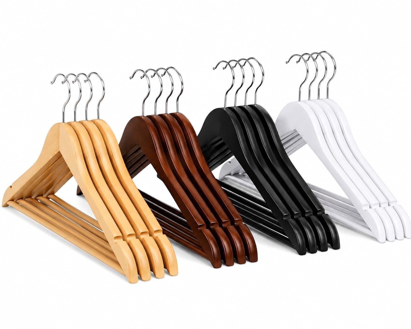 MIHAaze Wooden Hangers for Clothes (12 Pack, 4 Colours) | Cloth Hangers for Wardrobe with Anti-Slip Notches & 360° Swivel Hook | Space Saving Hangers for Clothes in Wardrobe