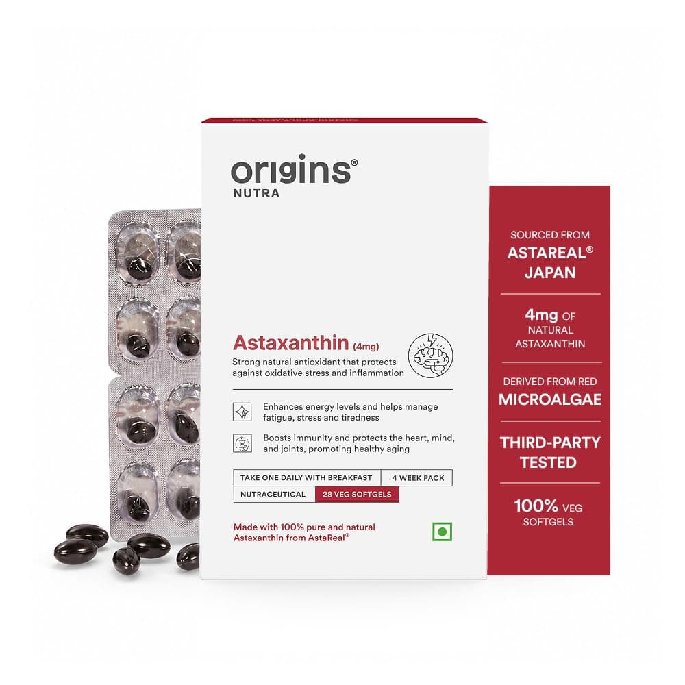 Origins Nutra Astareal® Natural Astaxanthin 4 mg from Japan | Antioxidant for Energy, Immunity & Muscle Recovery | 28 veg. Softgels | GMP Certified | Pack of 1