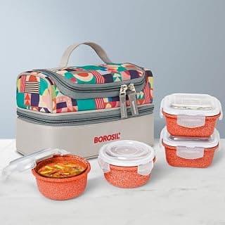 Borosil Kube Pink Universal Lunchbox | 320ml x 2 Square + 240ml x 2 Round Borosilicate Glass Container with Bag | Microwave & Dishwasher Safe, Leakproof | Tiffin for Office, School