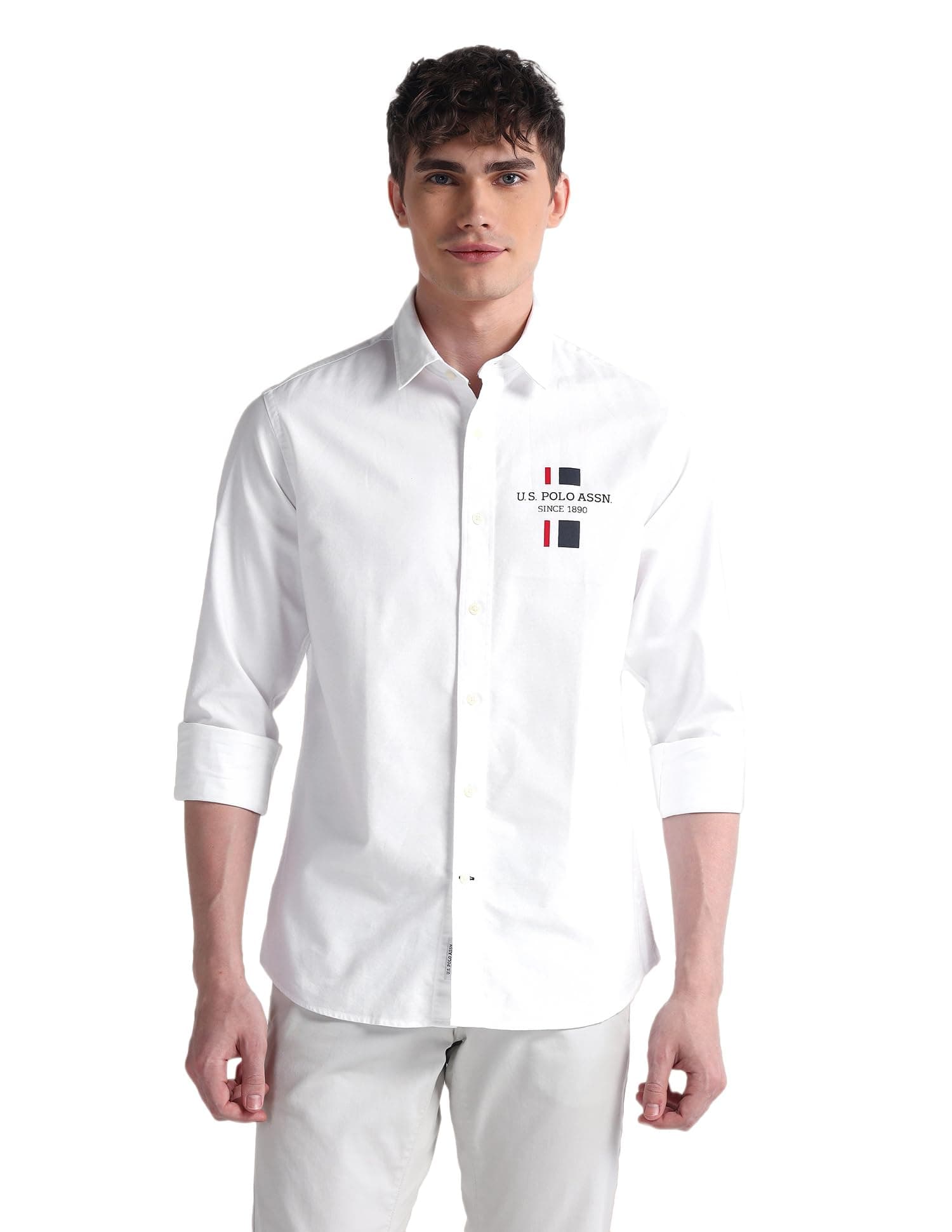 U.S. POLO ASSN. Mens Cotton Regular Fit White Solid Collared Neck Long Sleeve Casual Shirts