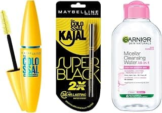 Maybelline New York Colossal Kajal, Super Black, 0.35g, Volum Express Colossal Waterproof Mascara, 10ml and Garnier Skin Naturals Micellar Cleansing Water, 125ml