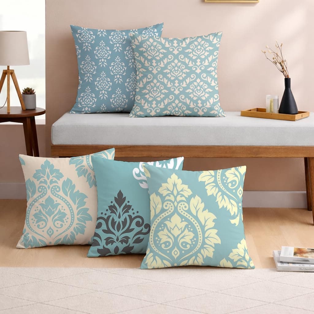 STITCHNEST Set of 5 Polycotton Cushion Covers – 24x24 Inches – Teal & Cream Ethnic Damask Print – Elegant Cushion Covers for Sofa, Couch & Living Room | Perfect for Home Decor