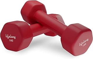 Lifelong Neoprene Dumbbells Set of 2 (1kg x 2) Fixed Weight Set for Home Gym, Fitness, Gym Exercise, Home Workout Weights for Men & Women, Red